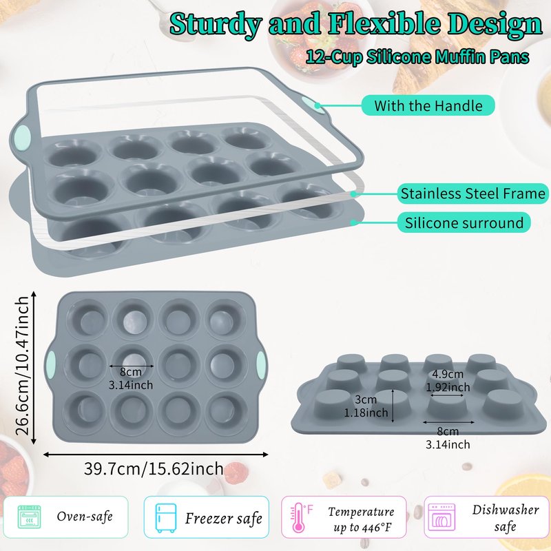 To encounter 2Pack Silicone Muffin Pan with Metal Frame, 12 Cup Regular Size Cupcake Pan, Non-Stick Baking Tray, Food Grade Baking Molds for Oven, Dishwasher Safe