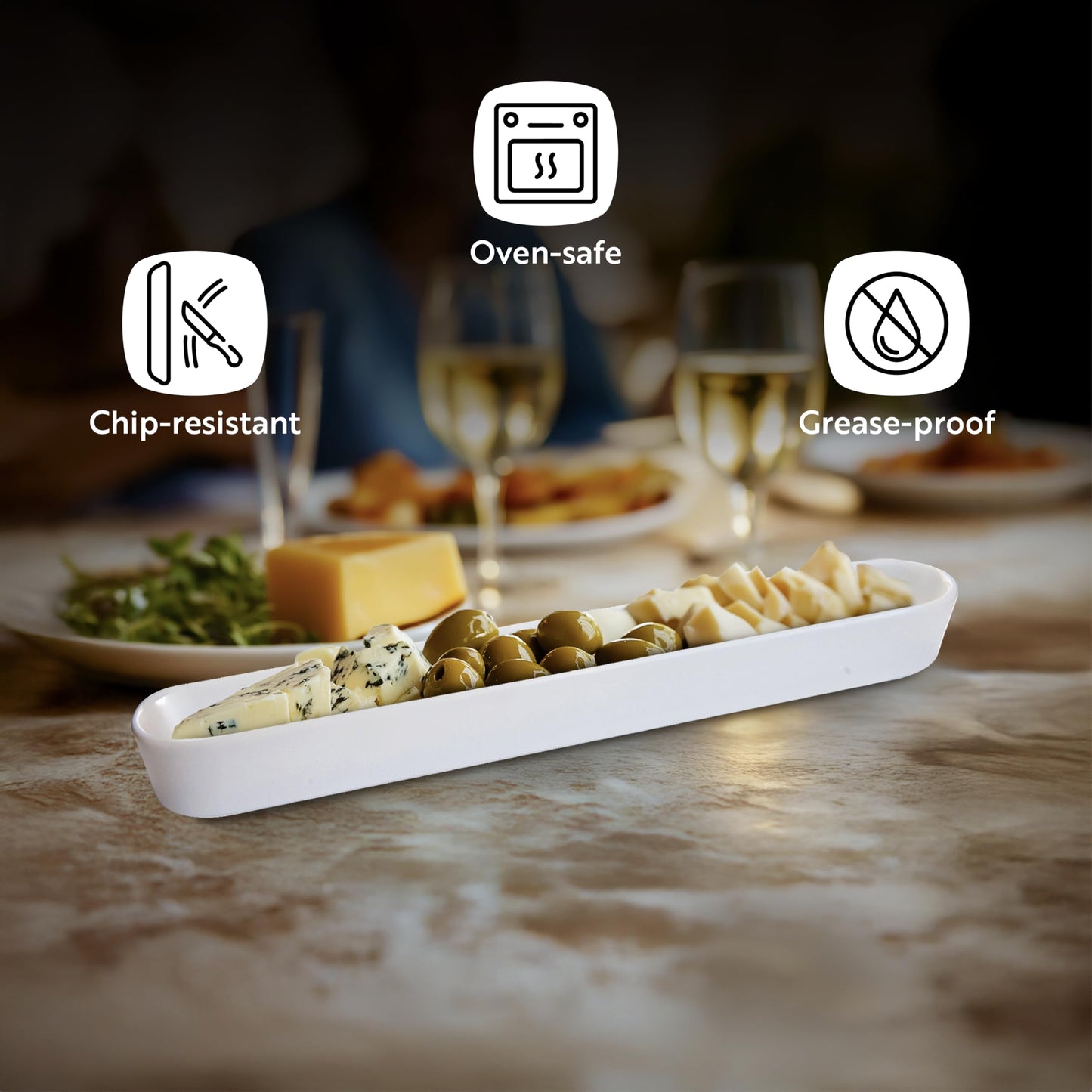 Restaurantware Siluro 16.3 Inch Olive Tray 1 Narrow Olive Plate - Microwave-Safe Oven-Safe White Porcelain Narrow Serving Tray Chip-Resistant For Olives Or Cheeses