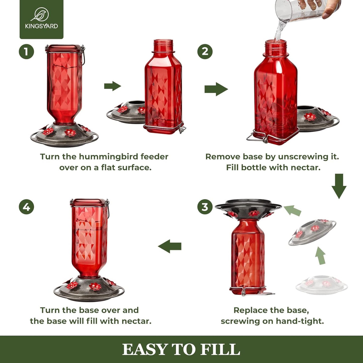 Kingsyard Hummingbird Feeder - 24 Ounce Glass Nectar Feeder with 6 Ports & Ant Moat | Red Garden Décor