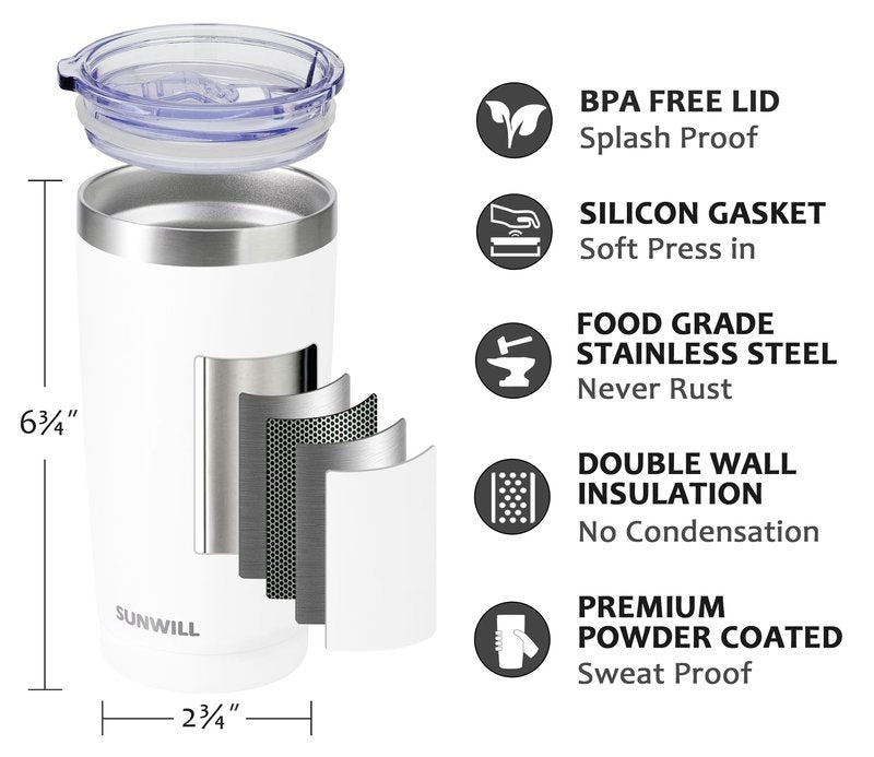 SUNWILL Travel Coffee Tumbler 20 oz, Insulated Mug with Lid, Stainless Steel Cup for Hot and Cold Drinks, Powder Coated White