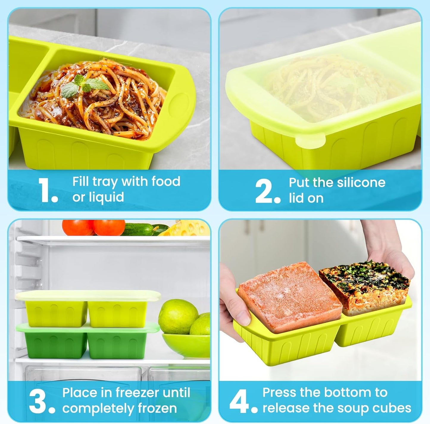 Skiennix Silicone Freezer Trays - 2 Pack with Lid for Easy Storage | Leakproof Soup Molds, 2 Cup