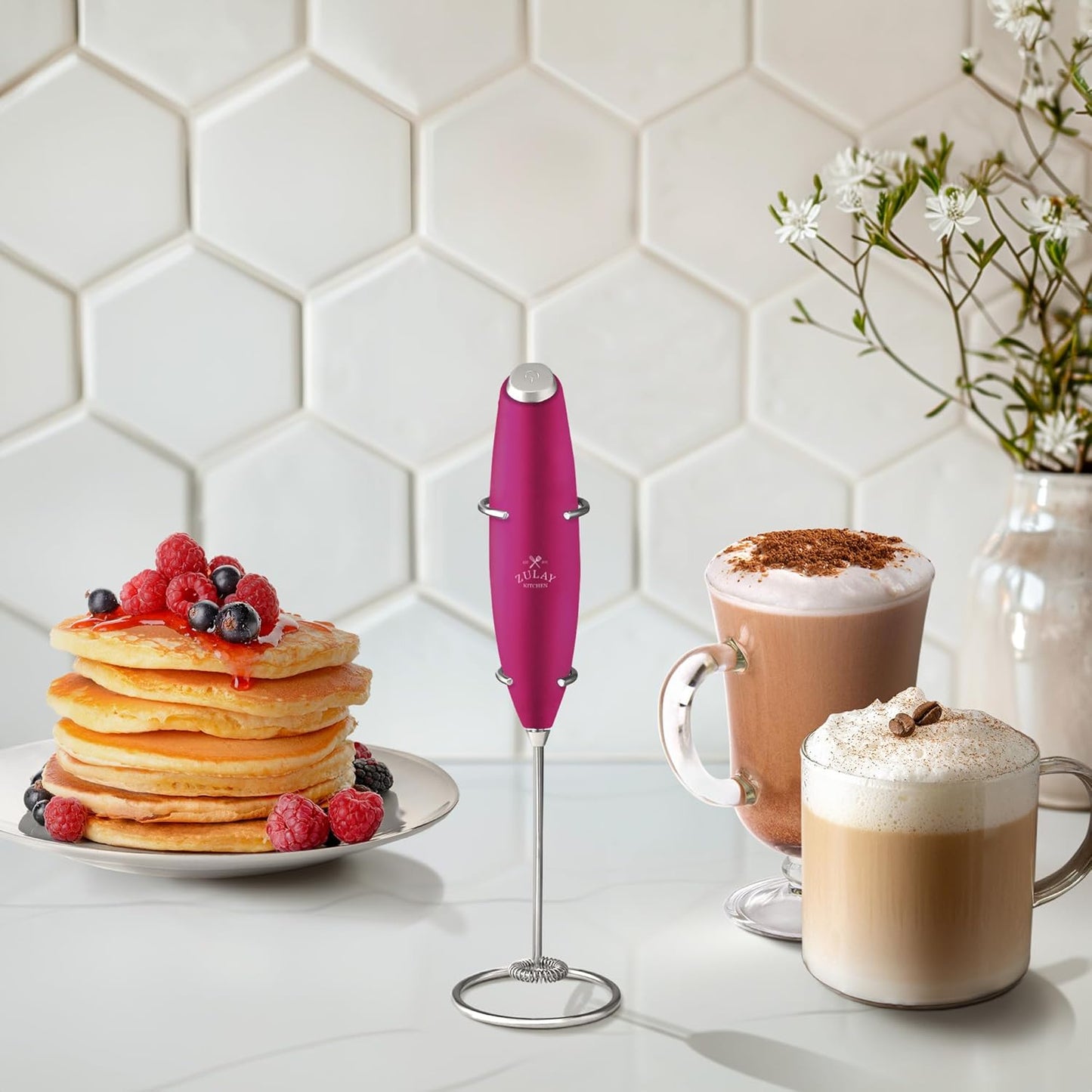 Zulay Kitchen Milk Frother Wand - Ultra-Fast Electric Whisk for Coffee, Lattes & More - Dragonfruit Color