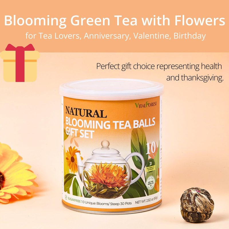 Blooming Tea Gift Set, 10 Unique Varieties Flowering Tea Balls, VitalForest Individual Packing Handmade Blooming Green Tea with Flowers for Anniversary, Valentine, Birthday