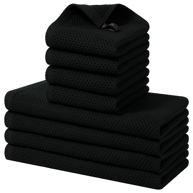 Homaxy 100% Cotton Kitchen Towels and Dishcloths Set, 12 x 12 Inches and 13 x 28 Inches, Set of 8 Bulk Kitchen Towels Set, Ultra Soft Absorbent Dish Cloths for Washing Dishes, Black