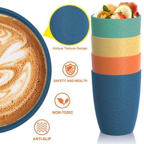 Homienly Plastic Cups Alternative Wheat Straw Drinking Glasses 4-Pack | 12 oz Unbreakable & Reusable Plastic Cups, Microwave Safe | Everyday Kids Tumblers & Kitchen Accessories (Multi-Color)