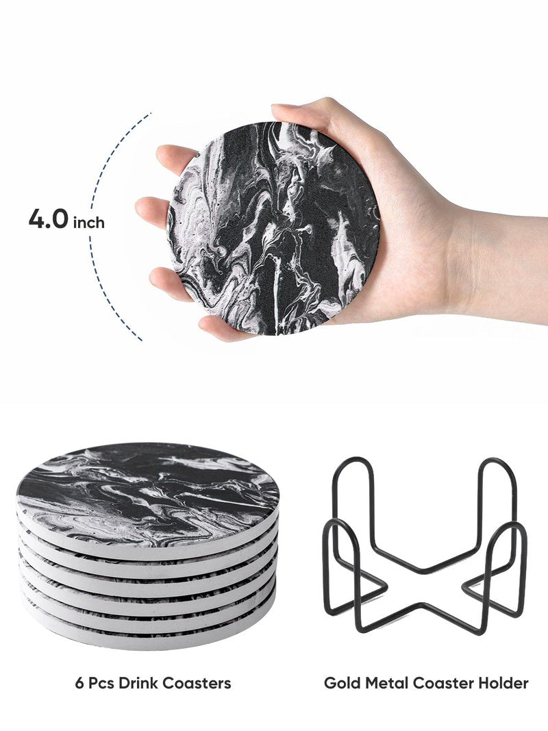 LIFVER Coasters Set of 6, Coasters for Drinks Absorbent Stone with Holder, Black Marble Style Ceramic Drink Coaster for Tabletop Protection, Coffee Table Decor Ideal for Home Decor House Warming Gifts