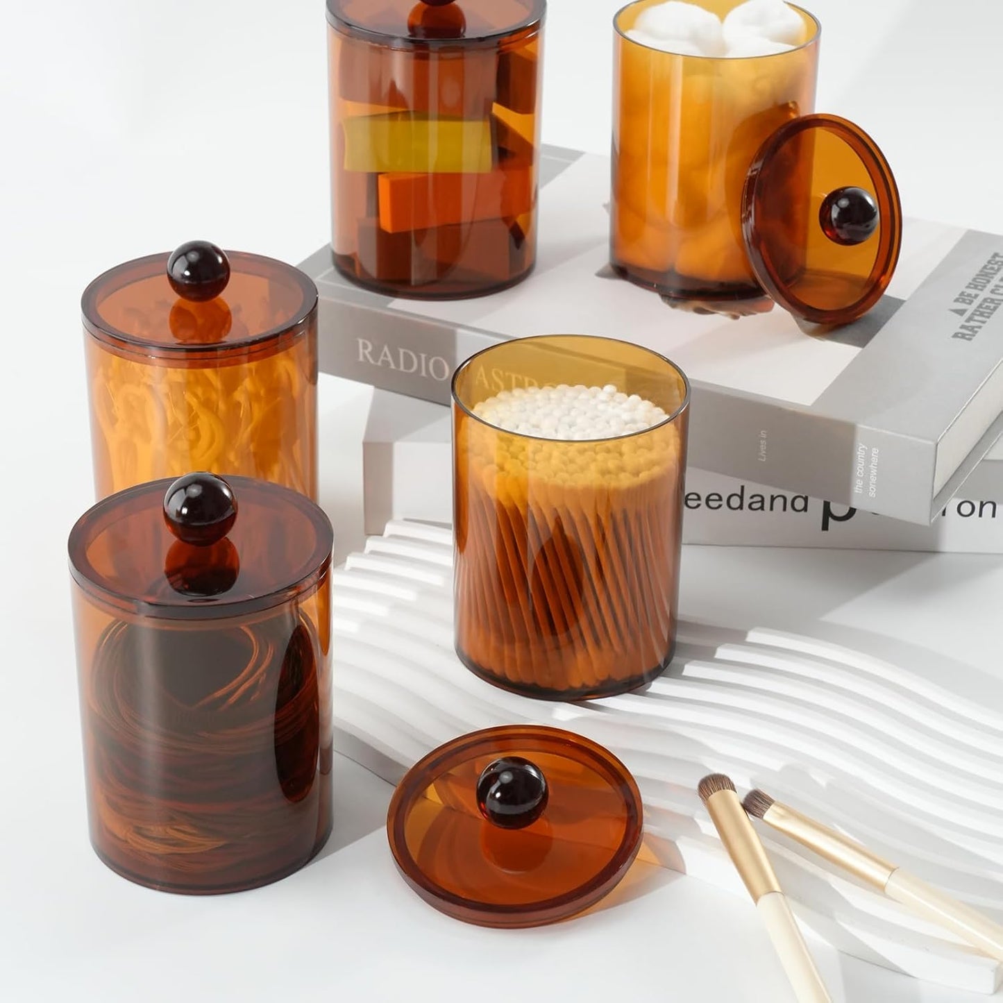 XIPENGKEJI Qtip Holder Set - 4 Pack Apothecary Jars with Lids for Cotton Swabs & Pads | 10oz-12oz Brown