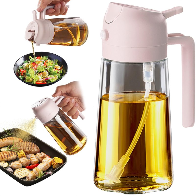 TrendPlain 16oz/470ml Glass Olive Oil Sprayer for Cooking - 2 in 1 Olive Oil Dispenser for Kitchen Gadgets, Air Fryer, Salad, and BBQ - Peach