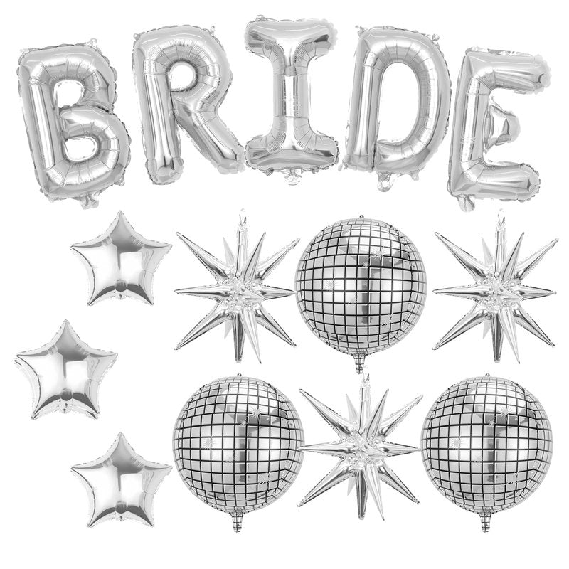 Silver Bride Balloons Bachelorette Party Decorations, 32in Silver Giant Bride Balloons with 4D Disco Ball Balloon and Star Foil Balloon for Bridal Shower Wedding Engagement Party Supplies