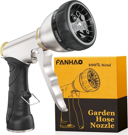 FANHAO Heavy Duty Metal Garden Hose Nozzle - 7 Spray Patterns for Efficient Watering & Cleaning