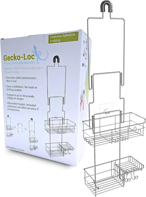 Gecko-Loc Shower Caddy - Extra-Long Adjustable Rustproof Stainless Steel Organizer with Suction Stabilizer & Hooks - Tool-Free Installation (Silver)