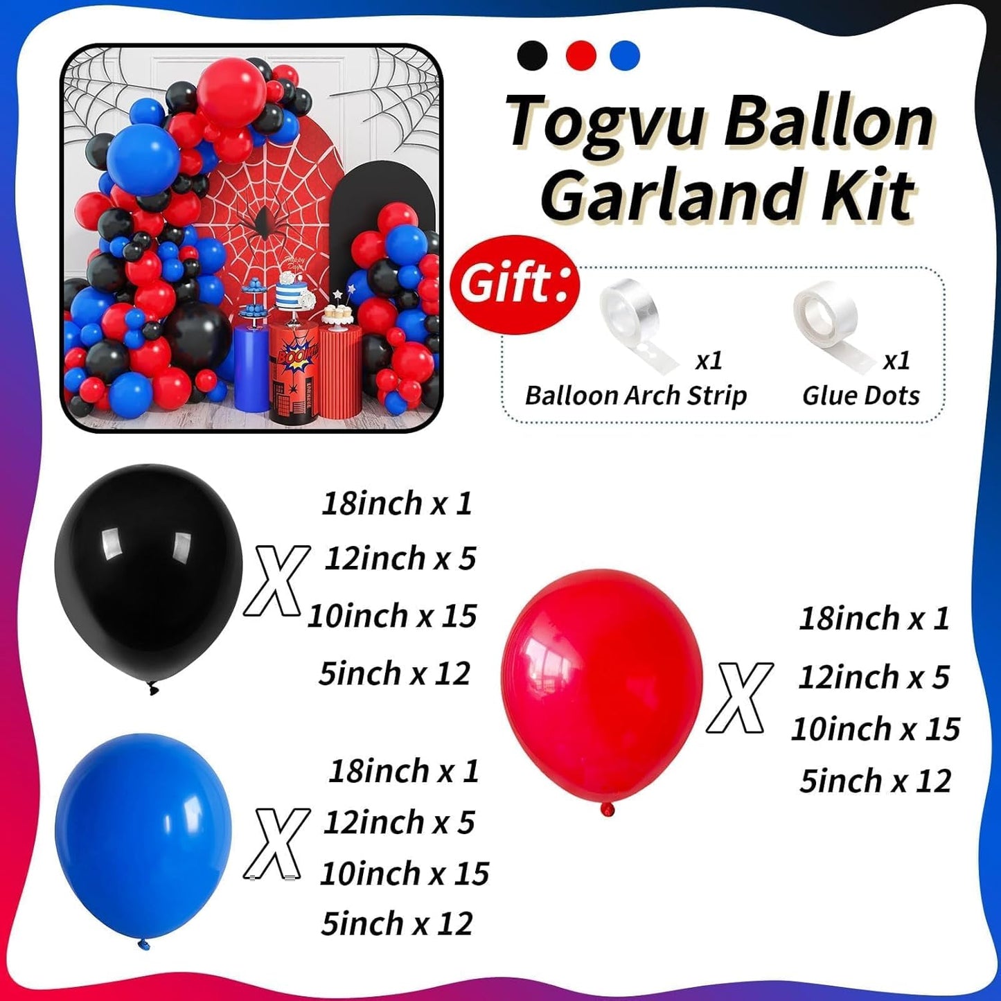 Skiennix Balloon Arch Garland Kit - 101 Pcs Matte Red, Black & Royal Blue Latex Balloons | Halloween & Birthday Party Decor