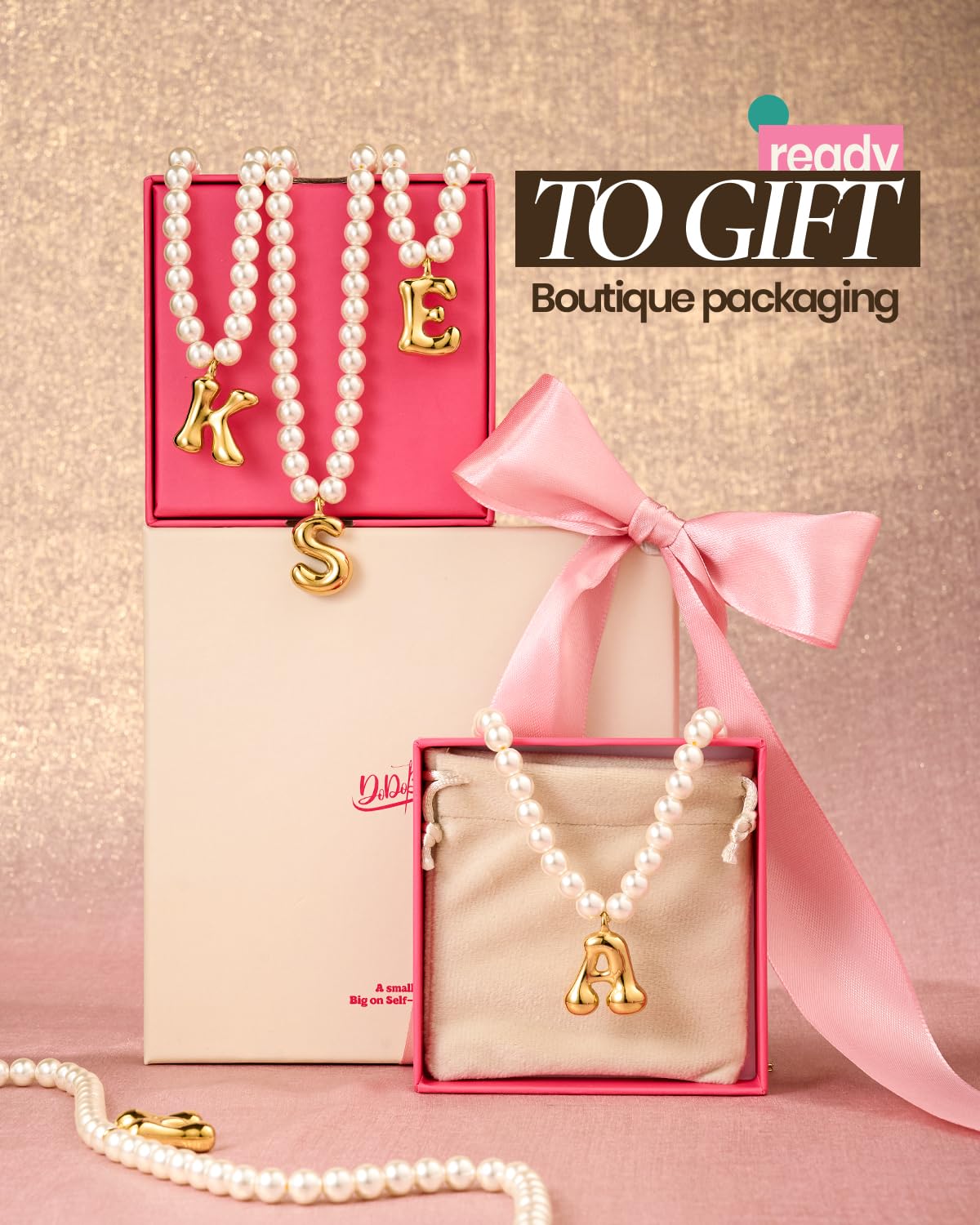 DoDoBeads Pearl Initial Necklace, 18K Gold Plated Stainless Steel Balloon Letter Pendant R, Non-Tarnish Waterproof Chunky Monogram Jewelry Gifts for Women Teens