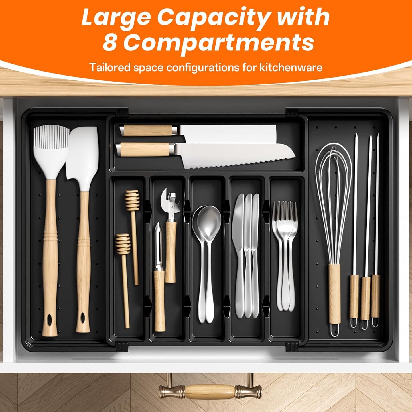 RoomHacks Large Expandable Silverware Organizer - Adjustable BPA-Free Utensil Holder for Kitchen, Black (6-8 Slots)