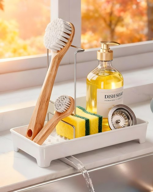 Caumic Plastic Sink Caddy, Rustproof Sponge Holder for Kitchen Sink with 304 Stainless-Steel Brush Holder, Countertop Rack Organizer with Raised Ridges & Silicone Drain Tube (Cream White, Large)