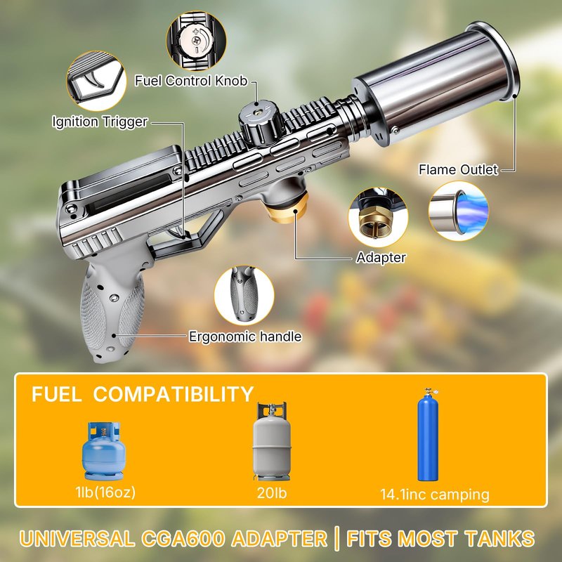 Propane Torch Gun, Adjustable Turbo Flame Blowtorch – 3272°F Max,Culinary Torch for BBQ, Searing Steak, Sous Vide, Campfire Starter (Tank Not Included)