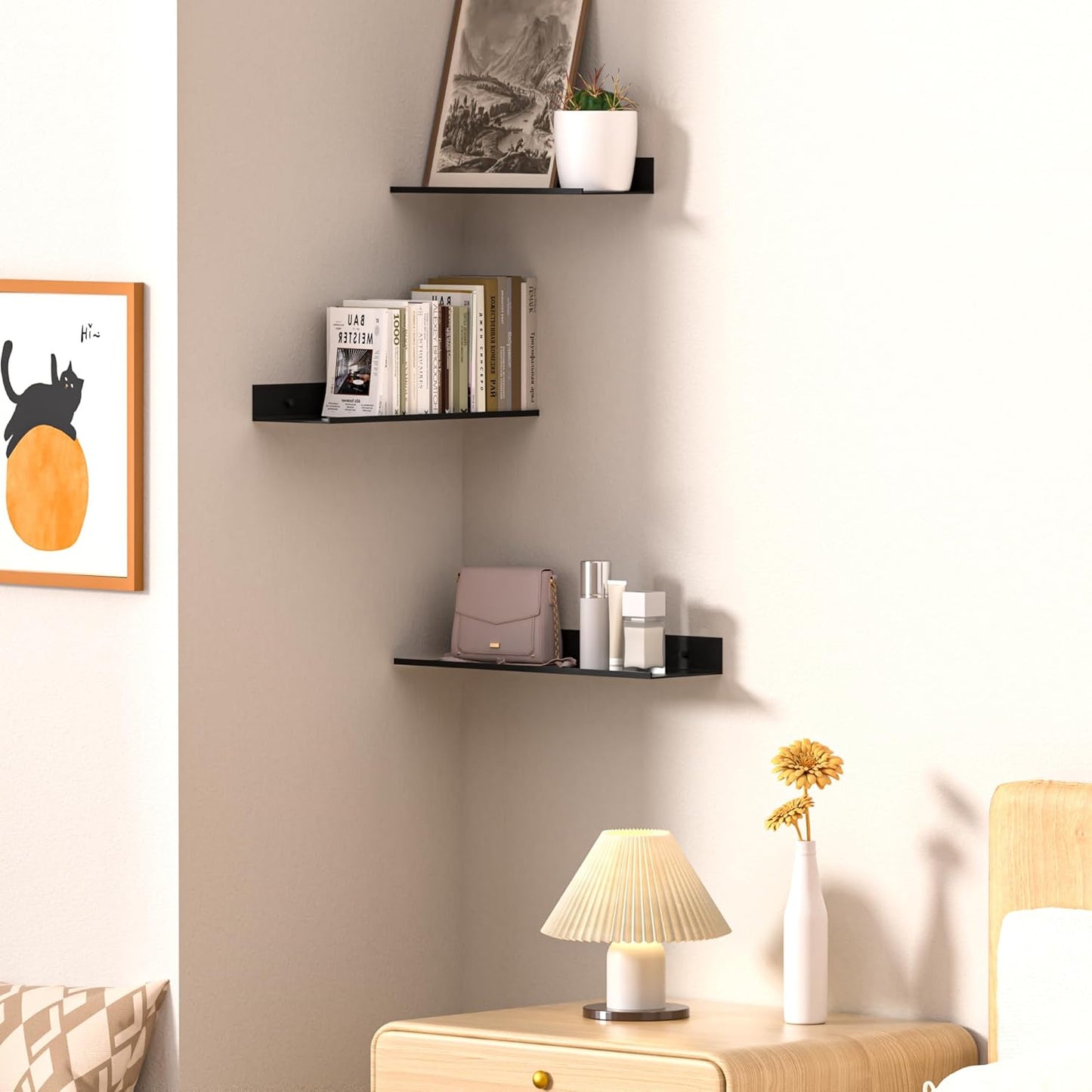 Wisfame Floating Wall Shelves - Set of 3 Black Metal Shelves for Modern Home Decor | 11.8/13.8/15.7 in
