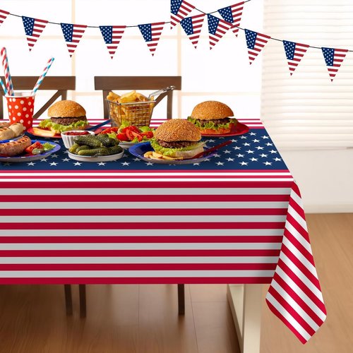 Childom 2 Pack Patriotic Tablecloths,Patriotic Decorations 54" x 108" Disposable American Flag Tablecloths for Event,Party Table Cloth Plastic for Veterans Day,4th of July,Picnic,Dinner,Party Supplies
