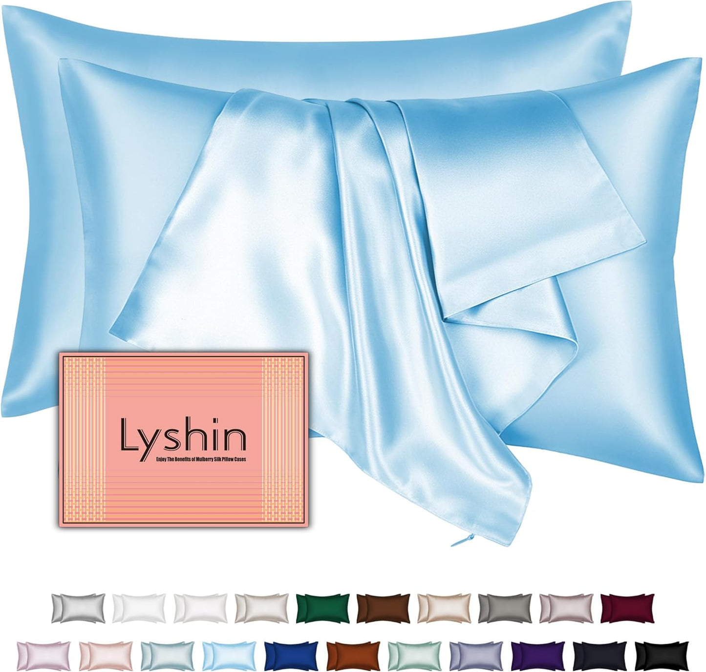 Skiennix Silk Pillowcases - 2 Pack Queen Size | Mulberry Silk for Hair & Skin - Sky Blue