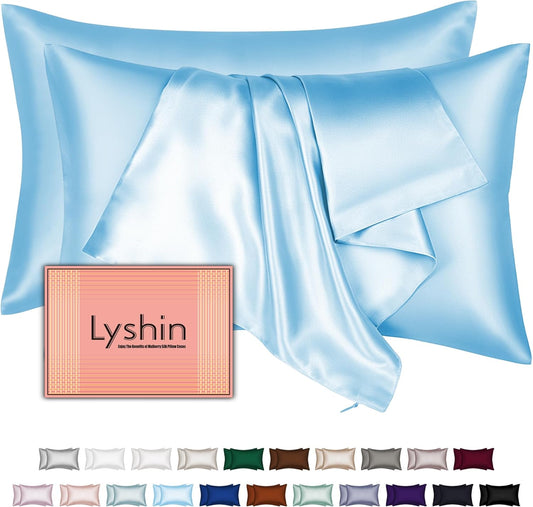 Skiennix Silk Pillowcases - 2 Pack Queen Size | Mulberry Silk for Hair & Skin - Sky Blue