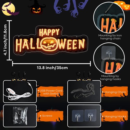 Happy Halloween Neon Sign, Black Orange Halloween Neon Light Up Sign with UV Print for Halloween Party Decoration, Dimmable Neon Halloween Led Sign for Wall Decor Trick or Treat Spooky Party Backdrop