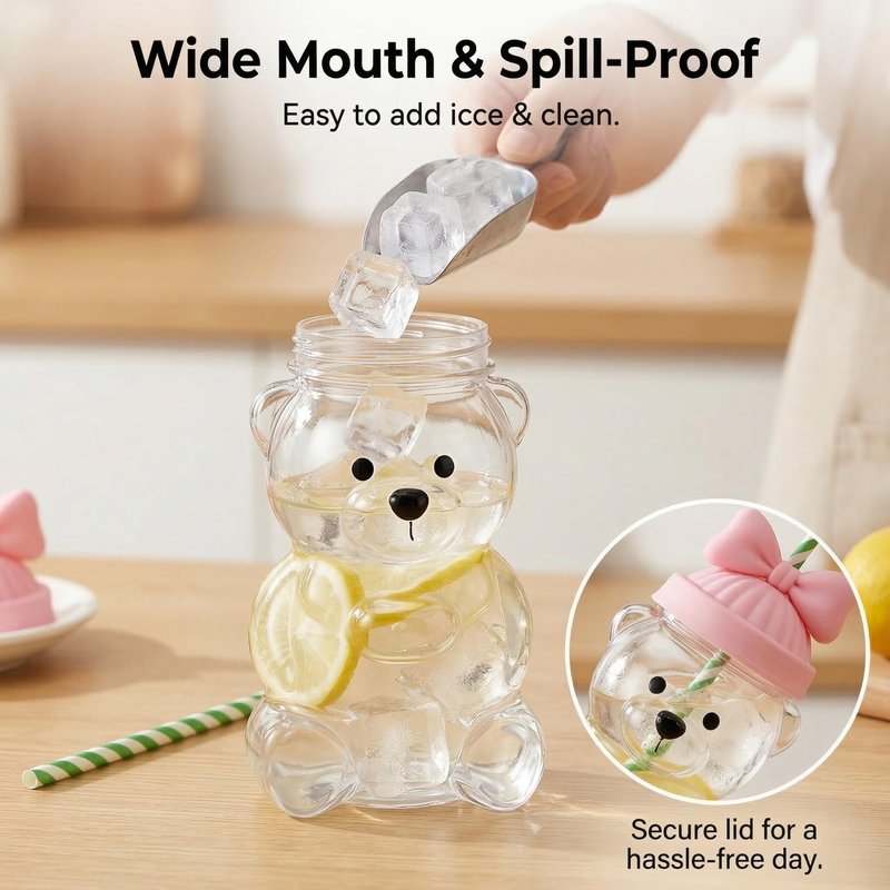 Glass Bear Cup with Straw and Lid, 20oz Cute Teddy Bear Shaped Drinking Tumbler, High Borosilicate Reusable Iced Coffee Mug for Boba Tea, Smoothies, Cocktails, Aesthetic Gift for Women (Pink bow)