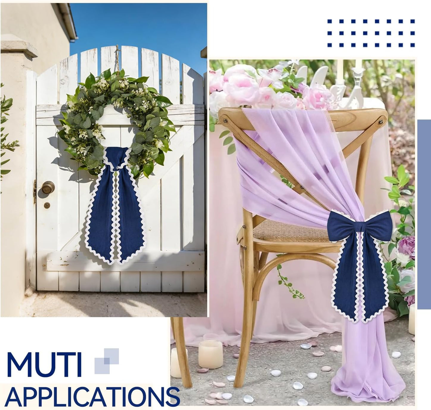 Skiennix Scalloped Wreath Sash - Ruffle Ribbon Bow for Front Door Decor | Navy and White, 2 Pcs