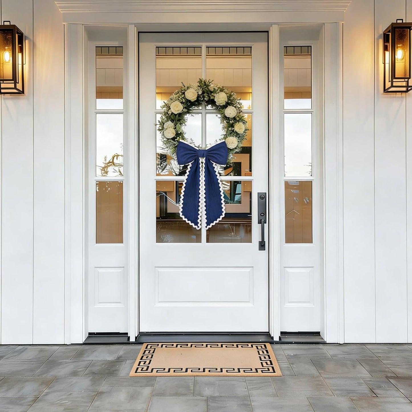 Skiennix Scalloped Wreath Sash - Ruffle Ribbon Bow for Front Door Decor | Navy and White, 2 Pcs