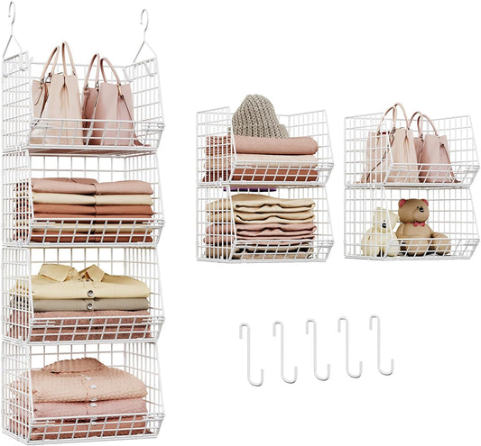 X-cosrack 4-Tier Closet Organizer - Foldable Shelving with Hooks & Storage Baskets | Patent White