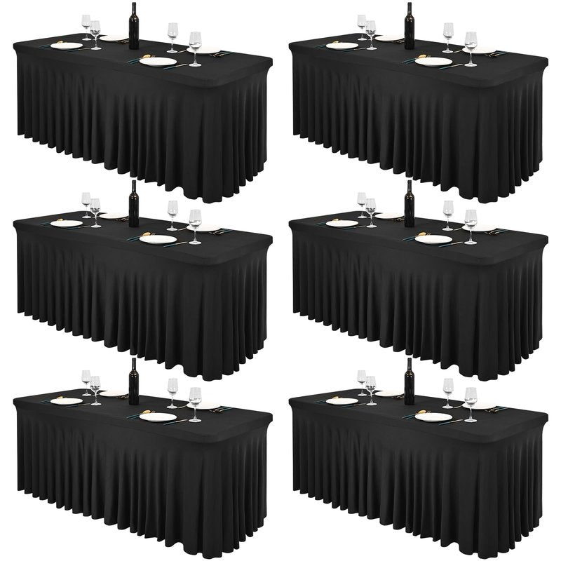 Pesonlook 6 Pack Spandex Table Skirt for 8 Ft Rectangle Tables, Black Fitted Stretch Tablecloth 30 x 96 Inch, Wrinkle Resistant Ruffle Design for Wedding Banquets, Birthday Party, Parties