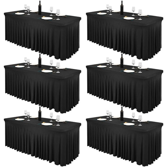 Pesonlook 6 Pack Spandex Table Skirt for 8 Ft Rectangle Tables, Black Fitted Stretch Tablecloth 30 x 96 Inch, Wrinkle Resistant Ruffle Design for Wedding Banquets, Birthday Party, Parties