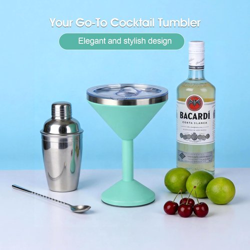 Daximo 13 oz Double-Wall Vacuum Insulated Martini Tumbler – Stainless Steel Martini Glasses with Lid and Non-slip Base – Elegant Large Martini Cups for Perfectly Chilled Drinks (Mint Green)
