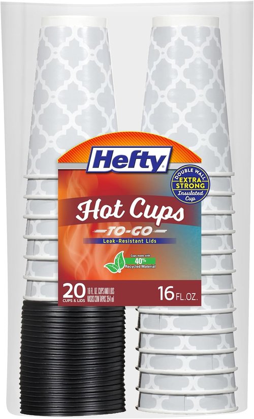 Hefty Disposable Hot Cups - 16 Ounce with Lids | 20 Count for Convenient Serving
