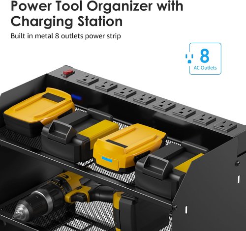 CCCEI Modular Power Tool Organizer - Wall Mount Charging Station with 8 Plug Power Strip | Heavy Duty Black Metal Shelf