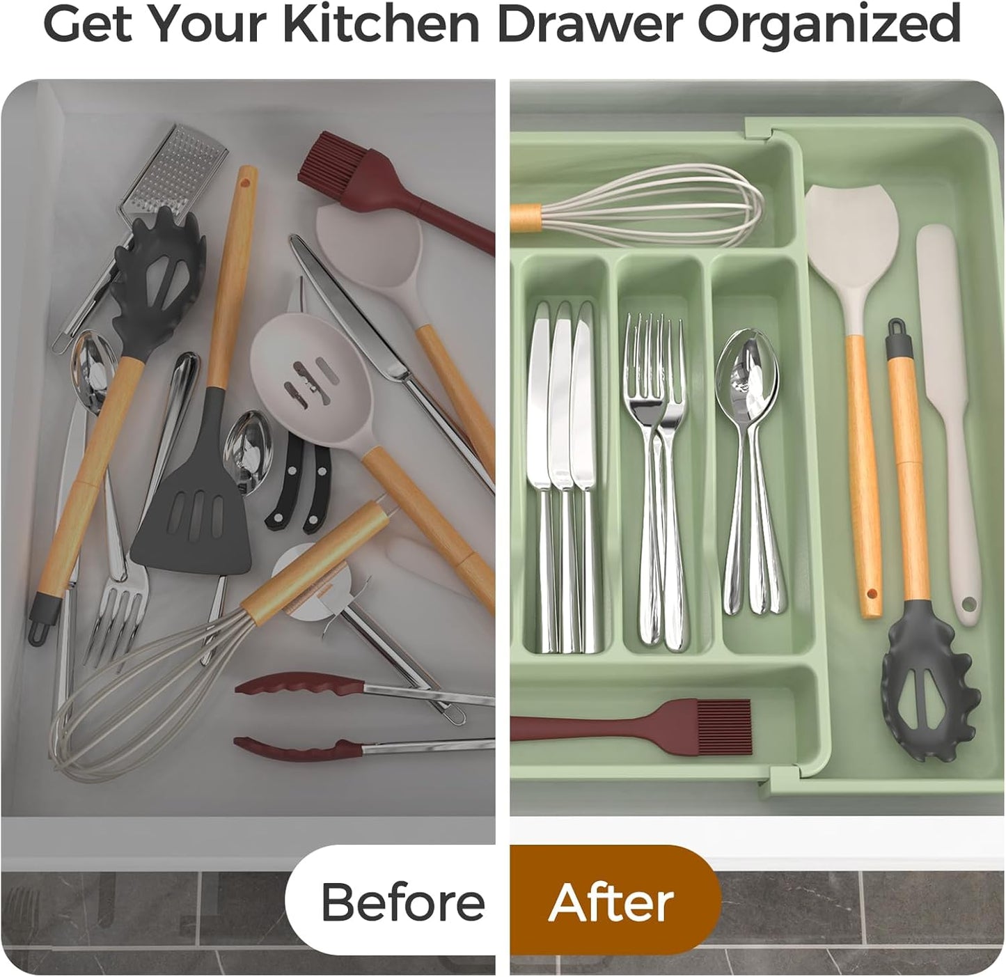 Ukeetap Extra Large Expandable Silverware Organizer - BPA-Free Cutlery Holder | Adjustable Green Design