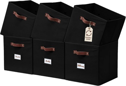 DECOMOMO Storage Bins - Fabric Cube Storage Bins with Labels | 10.5" x 11" | Set of 6, Black