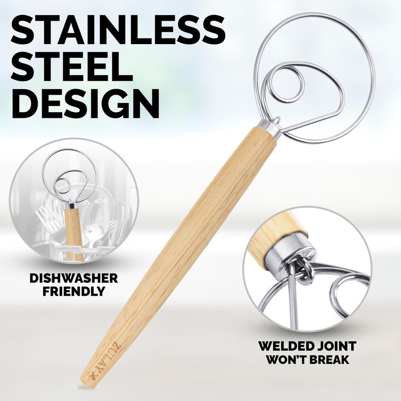 Zulay Kitchen 13-Inch Danish Dough Whisk - Stainless Steel Wooden Whisk with Dough Hook - Sourdough Whisk for Bread, Pizza, Pastry, Cake Batter & More - Wood