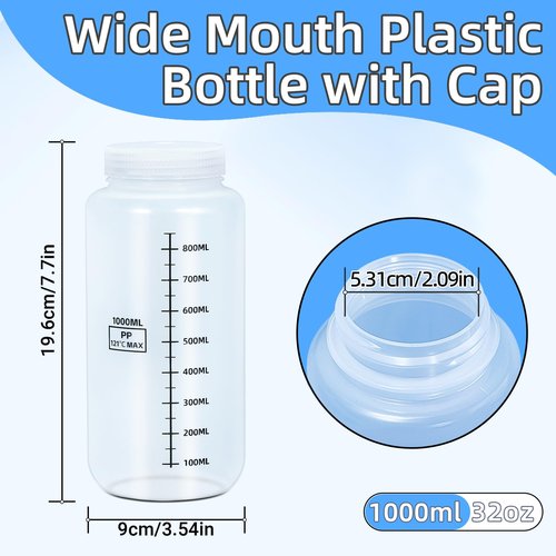 DEMORA Plastic Bottles with Airtight Caps 32oz/1000ml, Food Grade Wide Mouth Liquid Containers, Reusable PP Graduated Plastic Bottles for Water Sample Lab Reagent Liquids Mixing (Clear, 2 Pcs)