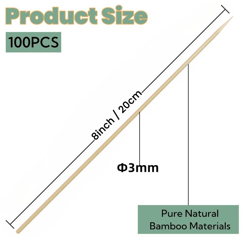 XMZY Bamboo Skewers 8 Inch Wooden Skewers Sticks for Fruit, Kabob, BBQ, Grilling, Yakitori. More Size Choices 10"/12", 100 PCS (8inch X Φ3mm)