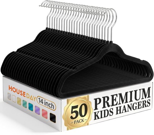 HOUSE DAY 14-Inch Kids Velvet Hangers - 50 Pack Non-Slip Durable Felt Hangers for Youth & Teens | Black