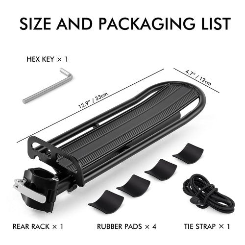 Bike Rear Rack, Adjustable Bike Cargo Rack with Quick Release Clamp Includes Tie Straps