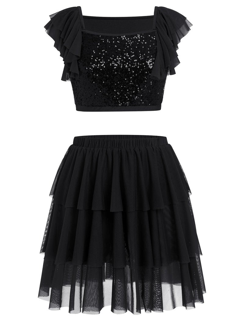 Lyrical Dance Dress for Women Ruffle Sleeve Square Neck Sparkly Sequins Crop Top Tiered Chiffon Midi Skirt Teen Girl Contemporary Dance Outfits Ballerina Dance Dress Black S