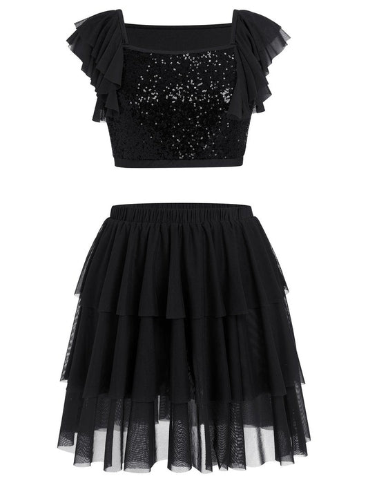 Lyrical Dance Dress for Women Ruffle Sleeve Square Neck Sparkly Sequins Crop Top Tiered Chiffon Midi Skirt Teen Girl Contemporary Dance Outfits Ballerina Dance Dress Black S