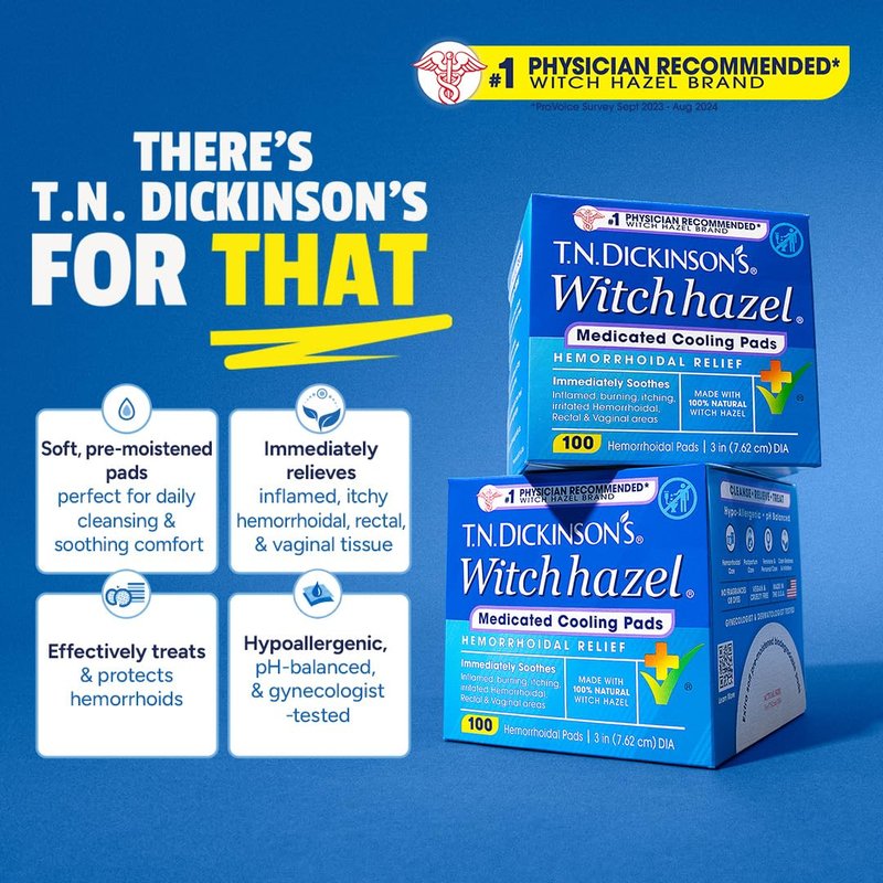 T.N. Dickinson’s Medicated Cooling Pads with Witch Hazel and Aloe | Hemorrhoid Treatment, Postpartum Care, Feminine & Rectal Relief | 100 Rounds