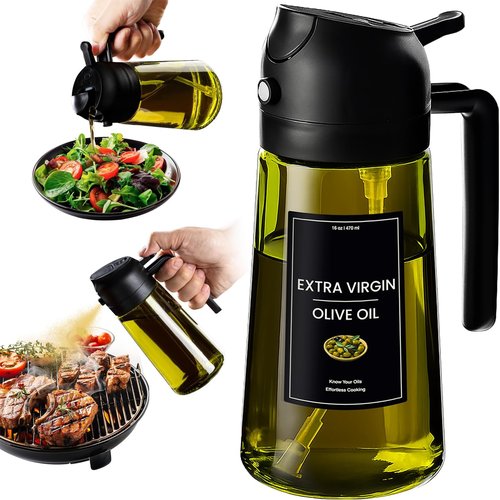 CXINYI - 16oz Olive Oil Dispenser with Stickers - 2-in-1 Sprayer for Cooking & Salads, Black