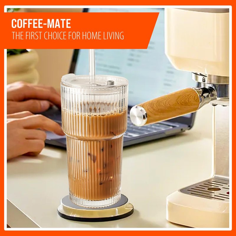 SUROQUE 20oz Ribbed Glass Tumblers with Lids & Straws, Ideal for Iced Coffee, Cocktails & More - Includes Cleaning Brush