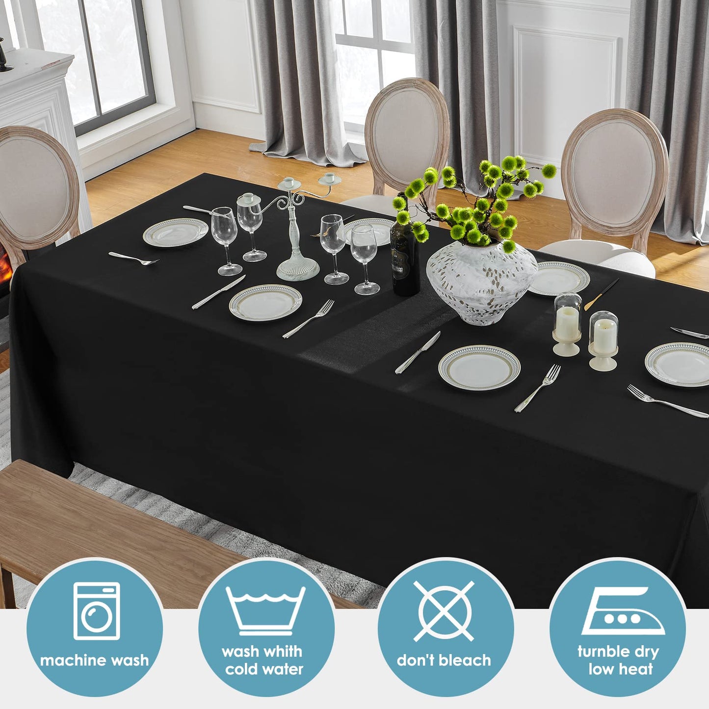 VidaFete 2 Pack 90*132inch Rectangle Tablecloth Polyester Table Cloth，Stain Resistant and Wrinkle Polyester Dining Table Cover for Kitchen Dinning Party Wedding Rectangular Tabletop Decoration(Black)