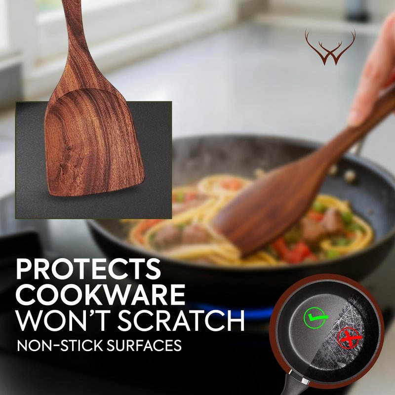 7 Pcs Teak Wooden Kitchen Utensils – Handcrafted Wooden Cooking Utensils Set with Holder, Elegant Wooden Spoons for Cooking & Timeless Utensil Set for Daily Use - Teak Utensils Set for Cooking