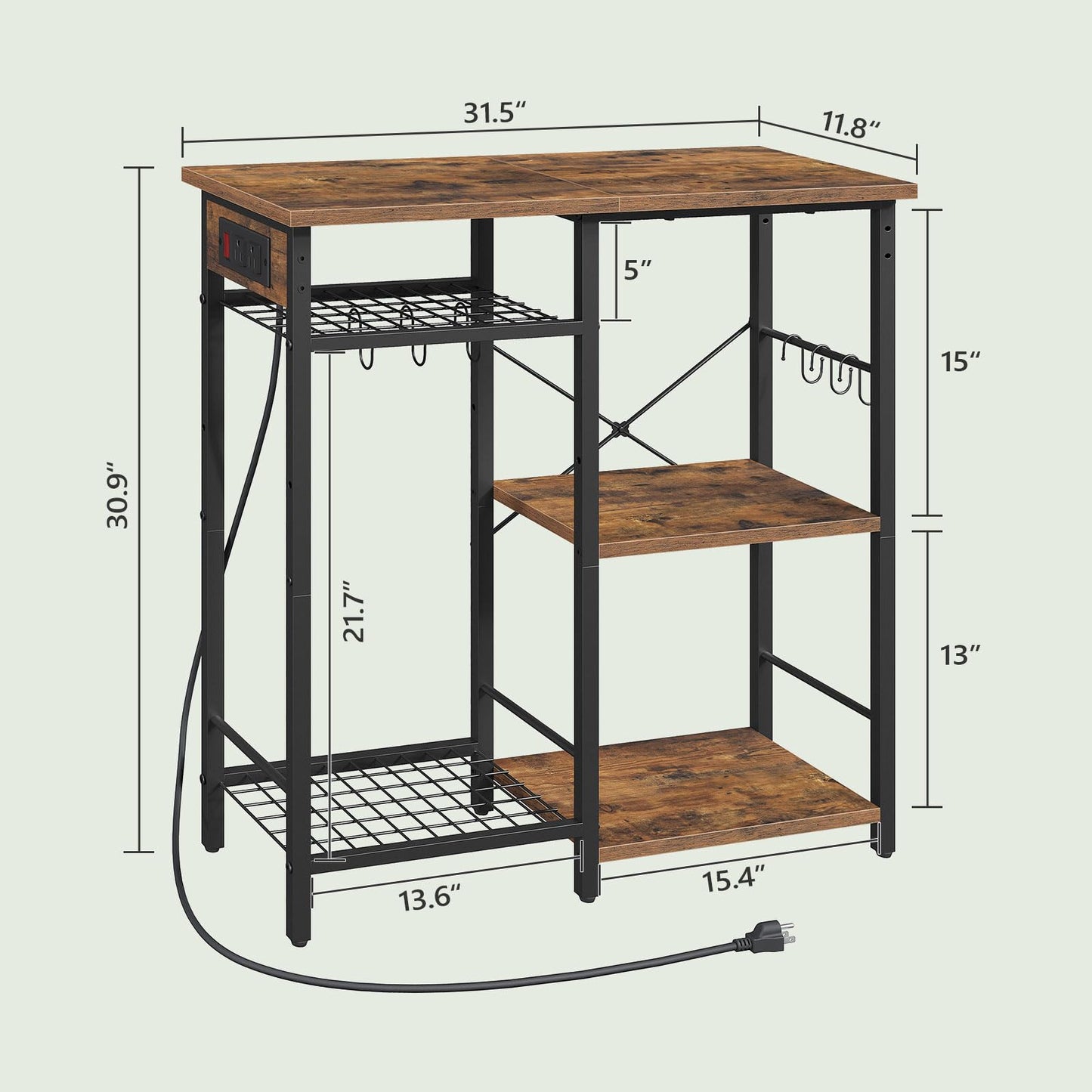 MAHANCRIS Bakers Rack with Power Outlet, Microwave Stand with Adjustable Mesh Rack, Coffee Bar Station, Kitchen Storage Racks with 6 S Hooks, for Kitchen, Dining Room, Rustic Brown and Black BRHR80E01