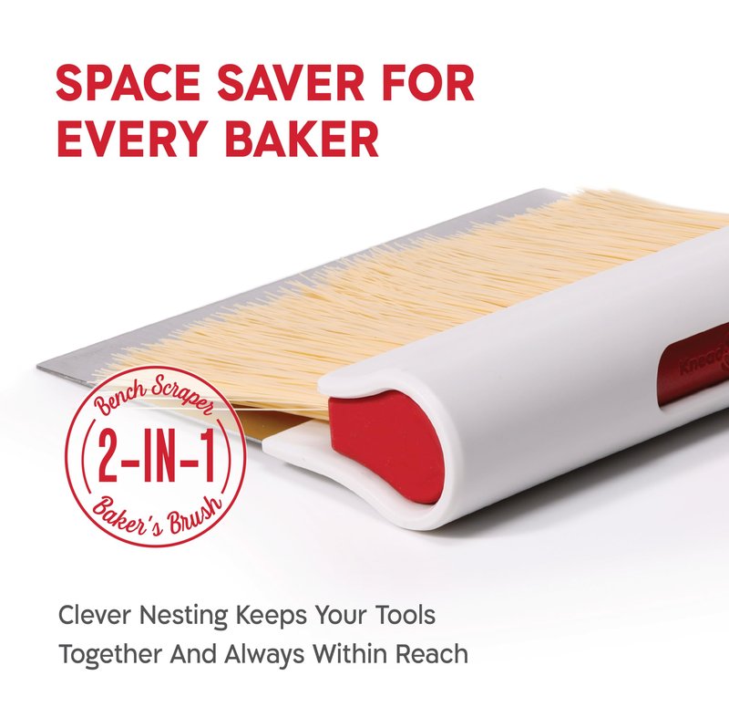 KneadAce Dough Scraper & Baker’s Brush Set. Stainless Steel Bench Scraper & Flour Cleaning Brush. Kitchen Tool for Pastry, Sourdough and Baking Prep Bread Dough Cutter, Gift For Bakers (White/Red)